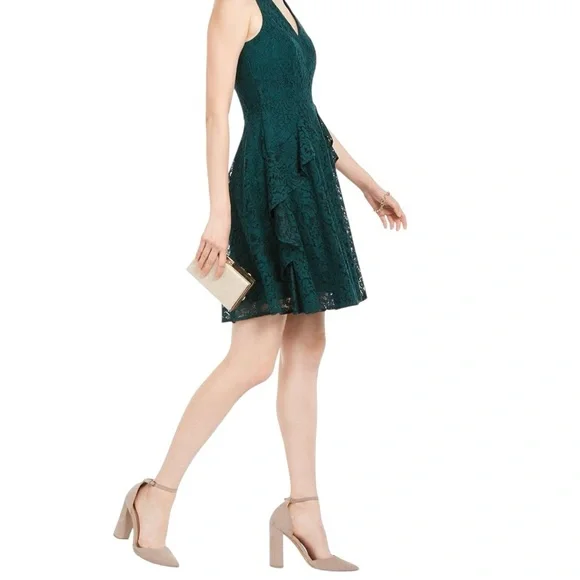 navy lace dress with short sleeves Navy Blue A-line High Neck Lace Short Sleeve Knee-length Homecoming  Dresses, MH259 main image 0